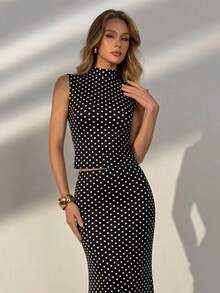女士优雅黑色波点印花立领吊带背心+修身超长裙两件套，春夏休闲度假装 - 黑色 - 查看 4