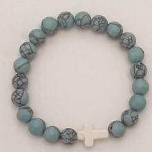 1pc 8MM Natural Stone Cross Healing Bracelet, Gift With Prayer Card For Christians - Turquoise - View 3