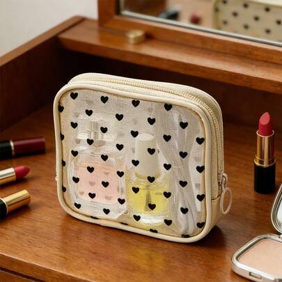 Flocked Heart-Shaped Mesh Cosmetic Bag, Travel Storage Pouch, Transparent Portable Toiletry Bag, Lipstick Pouch