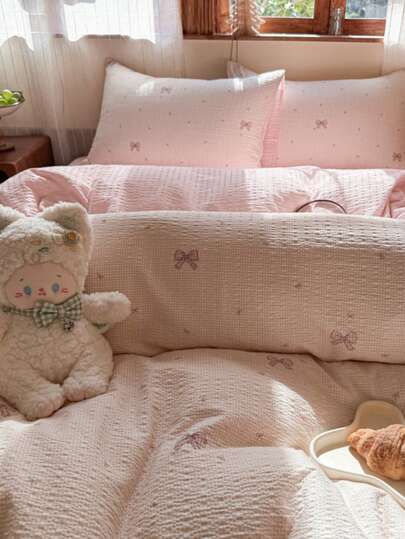 3pcs Bedding Set, Pink Girly Duvet Cover, Cute Bow Print Duvet Cover Set (1*Duvet Cover + 2*Pillow Shams), Suitable For Single, Twin, Full, Queen Beds, Minimalist Elegant Home Decor, Duvet Cover & Pillow Shams Only, Machine Washable