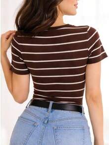 Women's Basic Ribbed Cotton Striped Blouse - Rust Brown - View 3