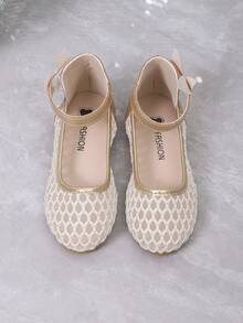 1 Pair Mesh Mary Jane Flat Shoes, Solid Color Glossy Fabric Bow Design Round Toe Thick Sole Fashion Classic Cute Casual Dance Flat High-Top Shoes, Suitable For 3-15 Years Old Female Students For Daily, Party, Leisure, Travel, Vacation, Outdoor Wear, 2026 Spring/Summer New Casual Shoes - Gold - View 1