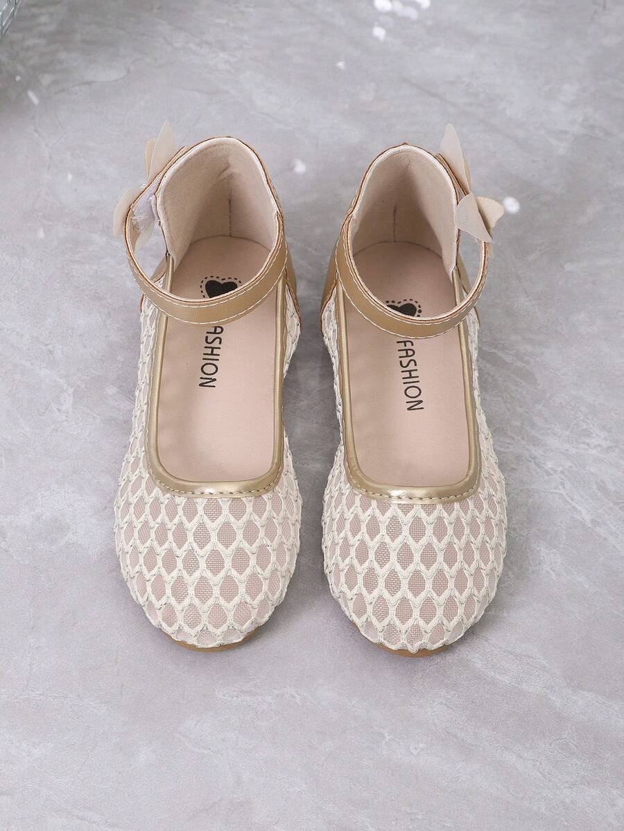 1 Pair Mesh Mary Jane Flat Shoes, Solid Color Glossy Fabric Bow Design Round Toe Thick Sole Fashion Classic Cute Casual Dance Flat High-Top Shoes, Suitable For 3-15 Years Old Female Students For Daily, Party, Leisure, Travel, Vacation, Outdoor Wear, 2026 Spring/Summer New Casual Shoes - Gold - View 1