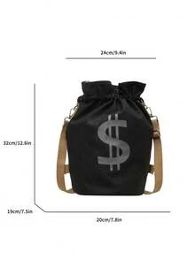 Spring/Summer New Black/Beige/Khaki Letter Print Casual Canvas Shoulder Bag, Crossbody Bag, High-Value Student Backpack, Drawstring Bucket Bag, Lightweight Portable, Adjustable Strap, Fits Books, Files, Stationery, Phone, Power Bank, Water Bottle, Office/Commute - Multicolor - View 10