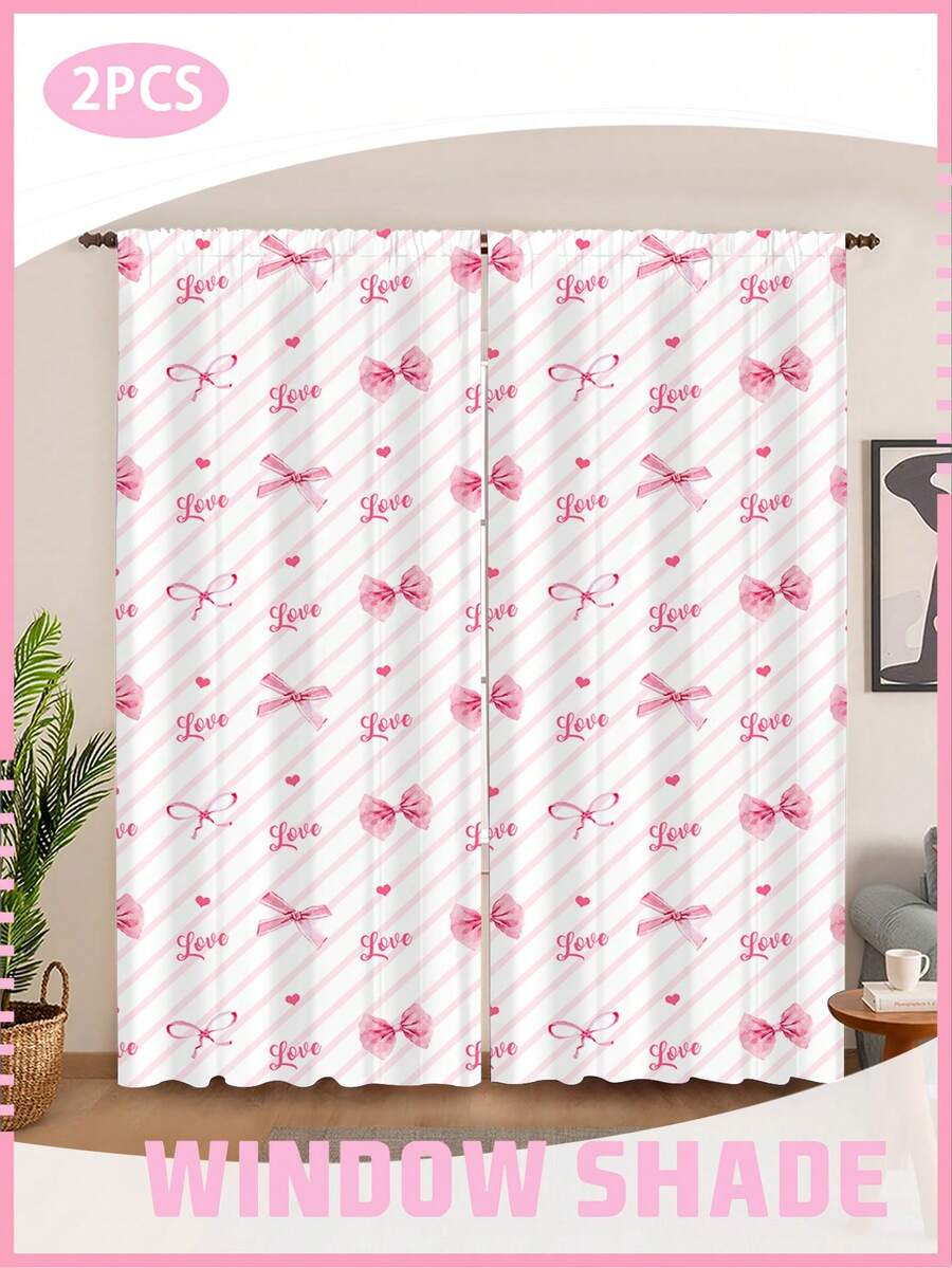 2 Panels Love Bow Window Shade, Pink Stripes Curtains For Bedroom ,Girls Room Nursery Decor, Aesthetic Bedroom Window Coverings, Suitable For Living Room Kitchen Bedroom Study Home Decor - Multicolor - View 1