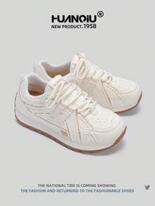 HUANQIU 2026 New Style Women's Shoes, Women's Sneakers, Thick-Soled Casual Shoes, Fashionable , Easy-Matching, Lightweight, Comfortable, Lace-Up, Soft-Soled Casual Shoes, Running Shoes, Beige, All-Season Shoes - Beige - View 4