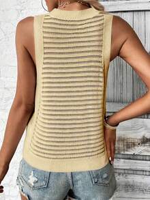 女士条纹网眼针织休闲背心 - 香檳色 - 查看 2