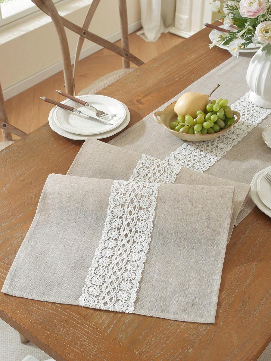 ABEST6522 Home&Living store Polyester Linen Blend Textured Table Runner, White Hollow Crochet Lace Patchwork, Vintage Woven Floral Lace Tablecloth, Farmhouse Style Dining Room Kitchen Wedding Party Decor Table Runner