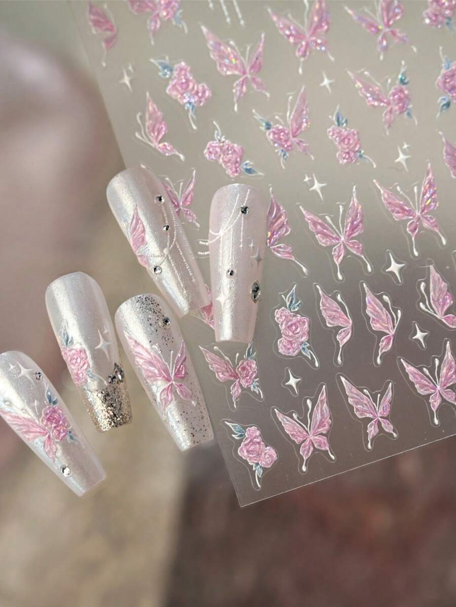 1 miếng dán móng tay hình bướm màu hồng Gentle Style, hình bướm cổ tích mộng mơ và họa tiết ngôi sao tự dính. - Nhiều màu - Xem 1