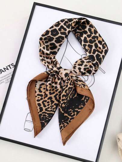 1 pieza Bufanda redonda de seda con estampado de leopardo y decoración de cadena de 70 cm para mujer