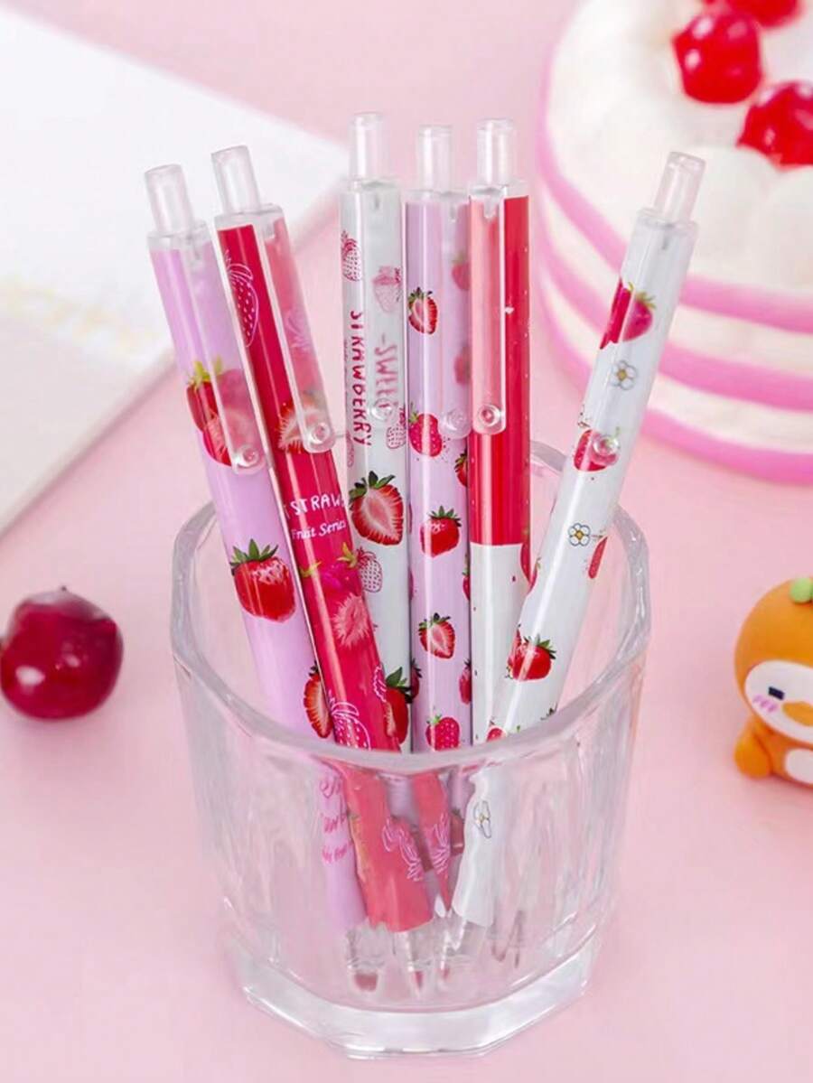 Random Cute Sweet Strawberry Click Gel Pen Black Student Prize Gift 4pcs Back To School - Multicolor - View 1