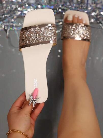 2026 New Wide Fit Sequin & Rhinestone Slip-On Flat Sandals, Fashionable Outdoor Wear, Versatile Casual Slippers For Women