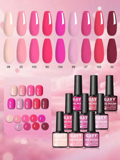 GAVY 9PCS/SET Pink Nail Gel Polish Set, UV/LED Curing, Thick Texture, Suitable For Fingertip Art Salon Set, Mother's Day Gift Box
