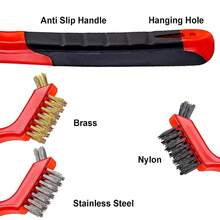 3Pcs Mini Wire Brush Set, Stainless Steel/Brass/Nylon Bristles Wire Brushes, Curved Handle Soft Grip For Rust, Dirt & Paint Scrubbing With Deep Cleaning – 7 Inches (Red) - 3Pcs Red Mixed Brushed - View 4
