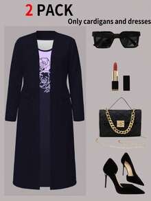 Plus Size Women's Long Dress Two Pieces Set, Printed Fitted Dress With Solid Color Jacket, Elegant Commuter Outfit - Navy Blue - View 3