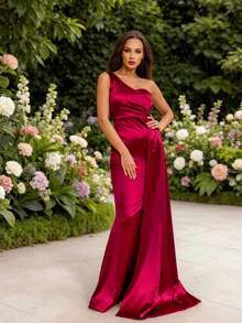 Romagic 优雅单肩缎面伴娘礼服 无袖婚礼晚礼服 - 酒紅色 - 查看 2