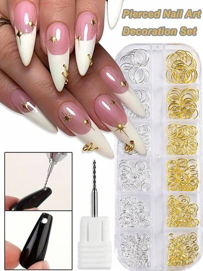 Nagelstift och smyckeset i blandade storlekar i punk- och Y2K-stil - Silver- och guldfärgade nagelringar, 3D-nagelkonststrass och dekorationer - Inkluderar borr för nagelpiercing - Nagelsalongstillbehör och gör-det-själv-tillbehör