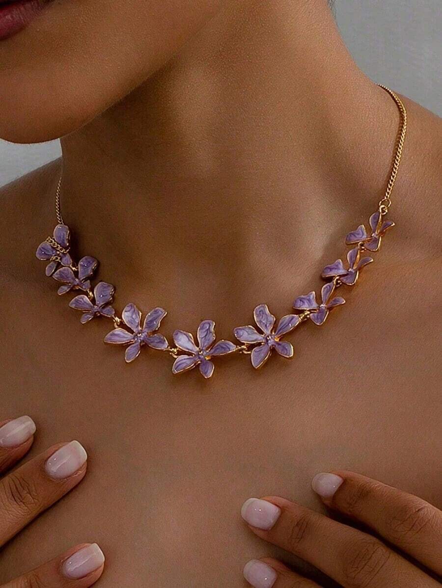 "1pc 18K Gold Plated Y2K Enamel Flower Statement Necklace – Retro Pink Choker Style Jewelry For Women, Bold And  Look For Parties, Valentine's Day, Mother's Day, Or Fashion Gifts For Mom And Her" - Màu tím - Xem 1