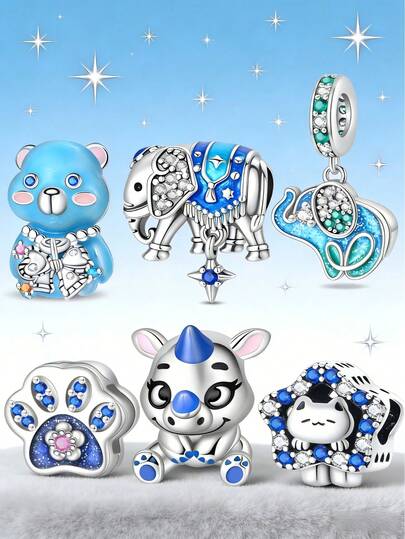 1颗可爱动物吊坠珠，925镀银珐琅镶嵌锆石，熊/象/犀牛/爪子/猫咪造型，DIY饰品配件，适用于欧式手链项链，送给女性女孩的甜蜜礼物
