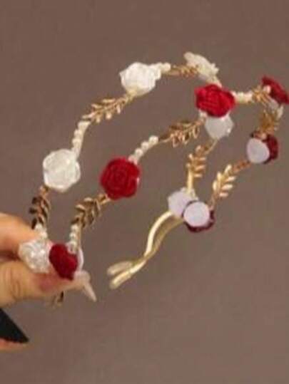 2件装合金玫瑰仿珍珠发箍，复古高端干玫瑰红/白花仿珍珠发夹，小众设计发饰，适合新娘头饰