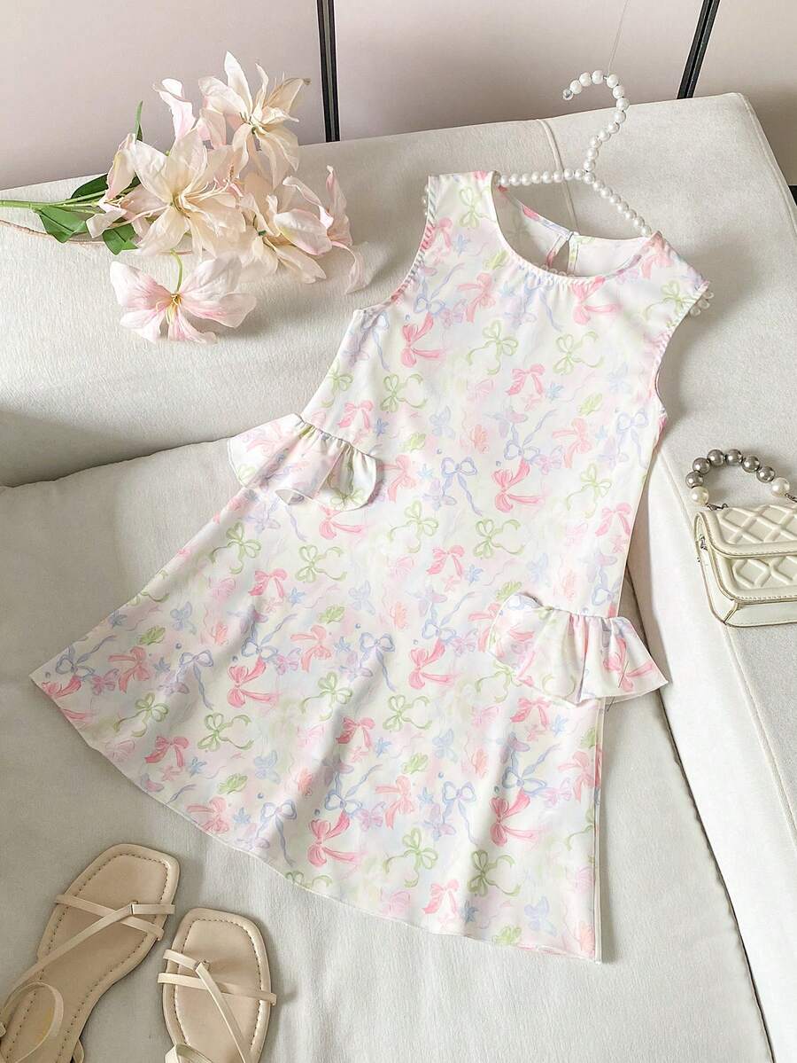 Girls' Casual Elegant Pink Bow Ruffle Hem Sleeveless Dress, Summer - White - View 1