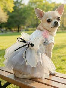 1件宠物服装，可爱浪漫蕾丝皇冠婚纱礼服，适合小型犬和猫 - 彩色 - 查看 3