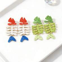 波西米亚风拉菲草鱼骨吊坠耳环，绿色手工编织鱼骨架耳环，女士夏季海滩饰品 - 彩色 - 查看 7