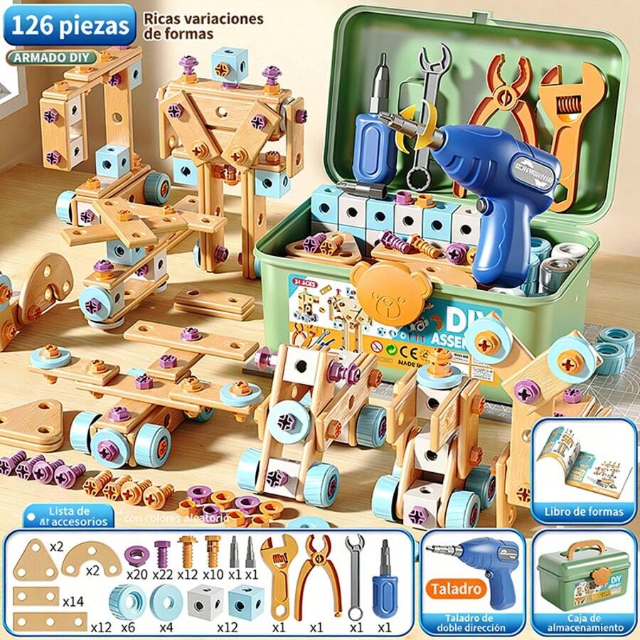 Caja de herramientas de juguete para atornillar, juguete educativo de ensamblaje para niños, taladro eléctrico y destornillador