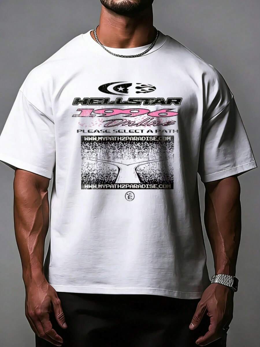 Hellstars 1996 Online Path To Paradise Y2K Graphic T-Shirt,220g 100% Cotton,Round Neck Short Sleeve,White Streetwear Essential For Summer Going Out,Unisex Style - 白色 - 查看 1