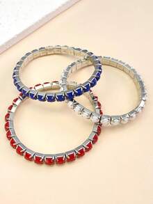 3pcs Set Red White Blue Resin Crystal Elastic Bracelets, European And American Independence Day Party Bling Bracelets - Multicolor - View 3
