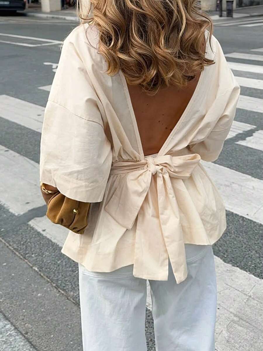 Camisa de mujer Look Polly con lazo, espalda descubierta y manga corta, estilo casual y de vacaciones, para primavera/verano - Albaricoque - Ver 1