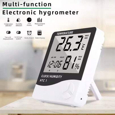 Termometer Dalaman Digital LCD Hygrometer Meter Kelembapan Suhu Elektronik HTC-1 Stesen Cuaca Rumah Dengan Jam