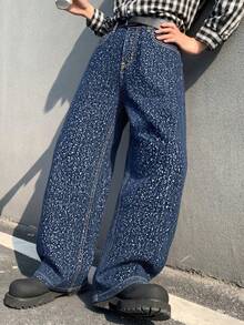 Quần jeans nam ống đứng kiểu Mỹ cổ điển họa tiết ngôi sao, quần ống rộng thoải mái phong cách đường phố, kiểu dáng thanh lịch dành cho sinh viên. - Màu xanh lam - Xem 4