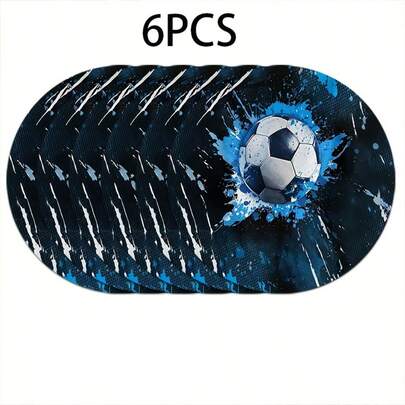 6个2D打印足球运动赛事图案圆形PET杯垫，适用于庭院、厨房、客厅、家庭聚会餐桌装饰，节日送给亲朋好友的礼物，也适合情人节、婚礼、生日派对家居装饰，是送给朋友的最佳礼物。