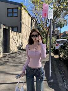 Half-Button Square Neck Minimalist Fitted Long Sleeve T-Shirt For Women Spring - Mauve Purple - View 2