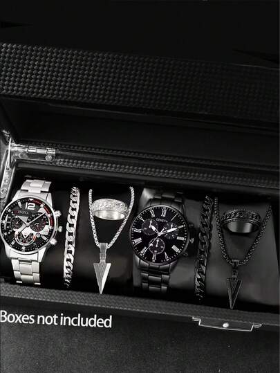 8件套男童石英手表套装，不锈钢表带，圆形表盘，石英机芯，简约时尚，适合多种场合，是馈赠佳品。