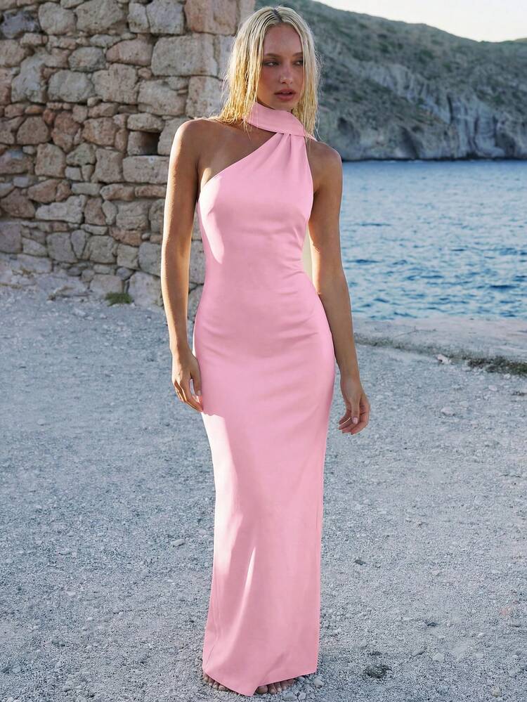 LOVE&LEMONADE Kadın Şık Beyaz Saten Dar Kesim Kolsuz Şal Yaka Maxi
