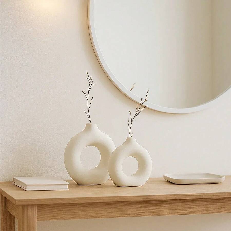 2Pcs Vase Set For Modern Abstract Donut Round Minimalist Tabletop Decorative White - 白色 - 查看 1