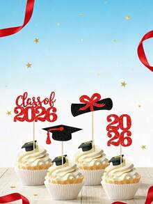 24件/12件套2026毕业庆典装饰品，闪亮2026毕业帽蛋糕装饰，2026毕业派对迷你蛋糕装饰，毕业证书，2026毕业帽套装，派对装饰品。毕业主题派对，2026毕业主题纸杯蛋糕派对（红色） - 紅色 - 查看 2
