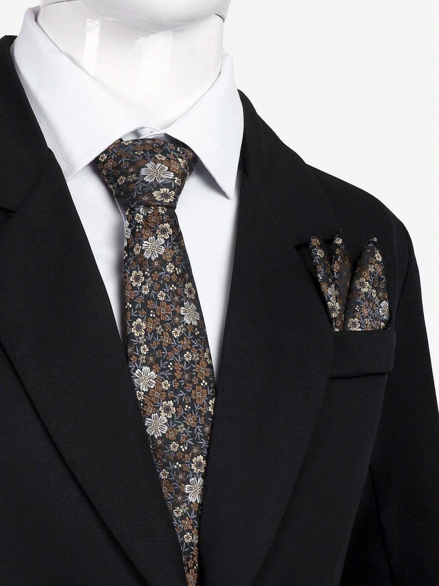 Bộ cà vạt họa tiết hoa màu xanh cổ điển 7cm, khăn cài túi kiểu retro, điểm nhấn của phong cách vintage, phù hợp cho tiệc chiêu đãi, đám cưới, trang phục công sở trang trọng.