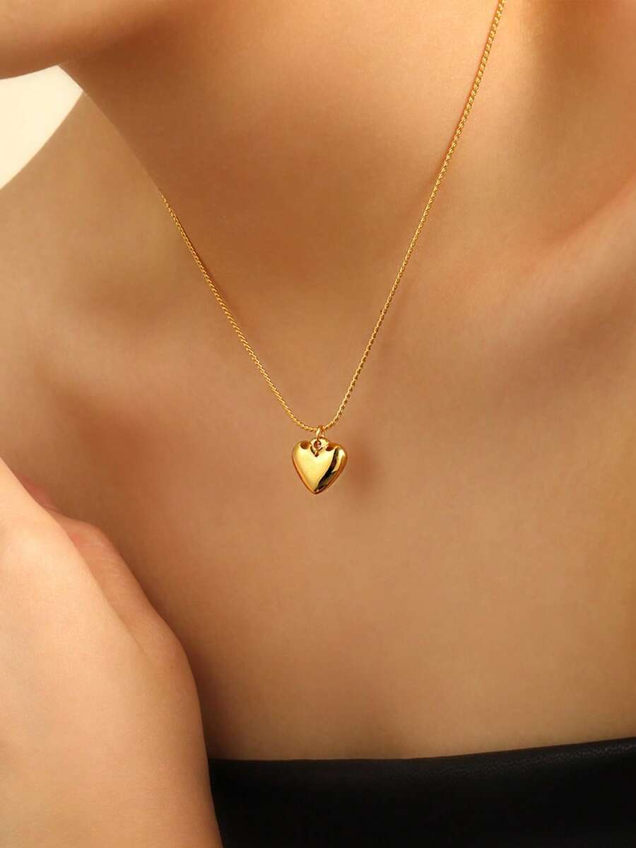 1件装女士不锈钢镀金心形吊坠项链，简约精致日常佩戴项链 - 心型 - 查看 1