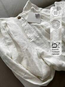 女士新款畅销舒适休闲裤，弹性腰带设计，柔软透气亚麻长裤，白色，春季款 - 白色 - 查看 2