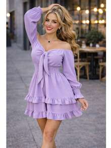 VESTIDO CORTO MANGA LARGA CON RESORTE ESTILO CAMPIRANO DOBLE OLAN TELA CEY. MOD. ELSIE - Lila Púrpura - Ver 2