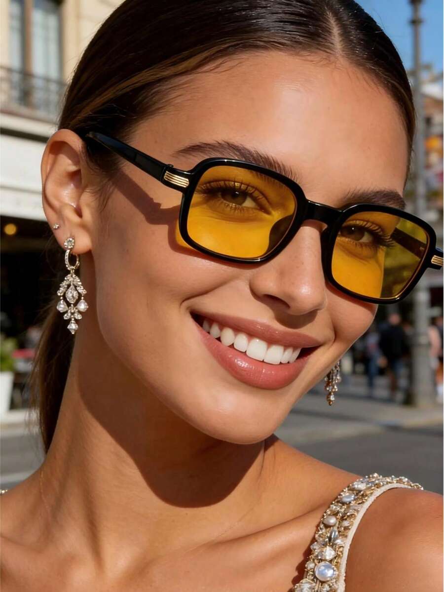 1pc Women Frameless Rectangular Fashion Glasses, Boho Beach Style, Y2K Dopamine Ocean Gradient Lenses, Preppy Retro Fashionable Shades, Suitable For Back To School, Beach, Couples Accessories - Yellow - View 1