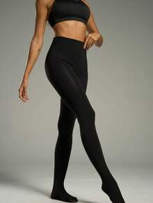 1件装女士黑色保暖内衬打底裤，弹力修身抓绒紧身裤，适合春秋季穿着 - 黑色 - 查看 2