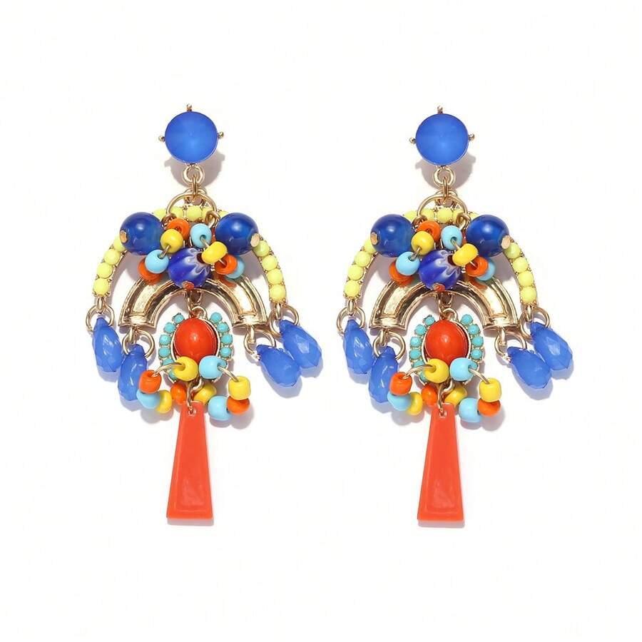 一对手工串珠流苏耳环，适合女性度假佩戴