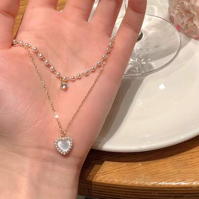 1件装，双层串珠爱心吊坠项链，高品质珠宝，升级百搭项链，高端装饰项链，适合日常佩戴，婚礼季配饰，适合作为送给女朋友、同学和好朋友的礼物