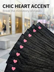 Black 3-Layer Non-Woven Face Mask With Heart Print, Fashionable Disposable Protective Mask For Daily Use, 10Pcs - Black Black Black - View 1