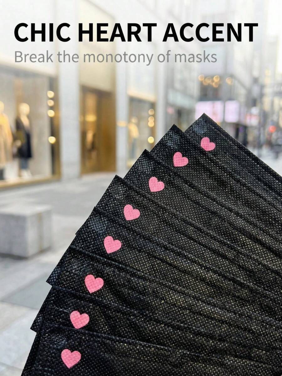 Black 3-Layer Non-Woven Face Mask With Heart Print, Fashionable Disposable Protective Mask For Daily Use, 10Pcs - Black Black Black - View 1