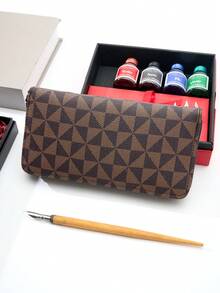 Men's Long Zipper Wallet - Plaid Pattern, Large Capacity (Fits Phone), Multi-Card Slots, Fashion Faux Leather, Ideal Gift For Men - Brown - View 2